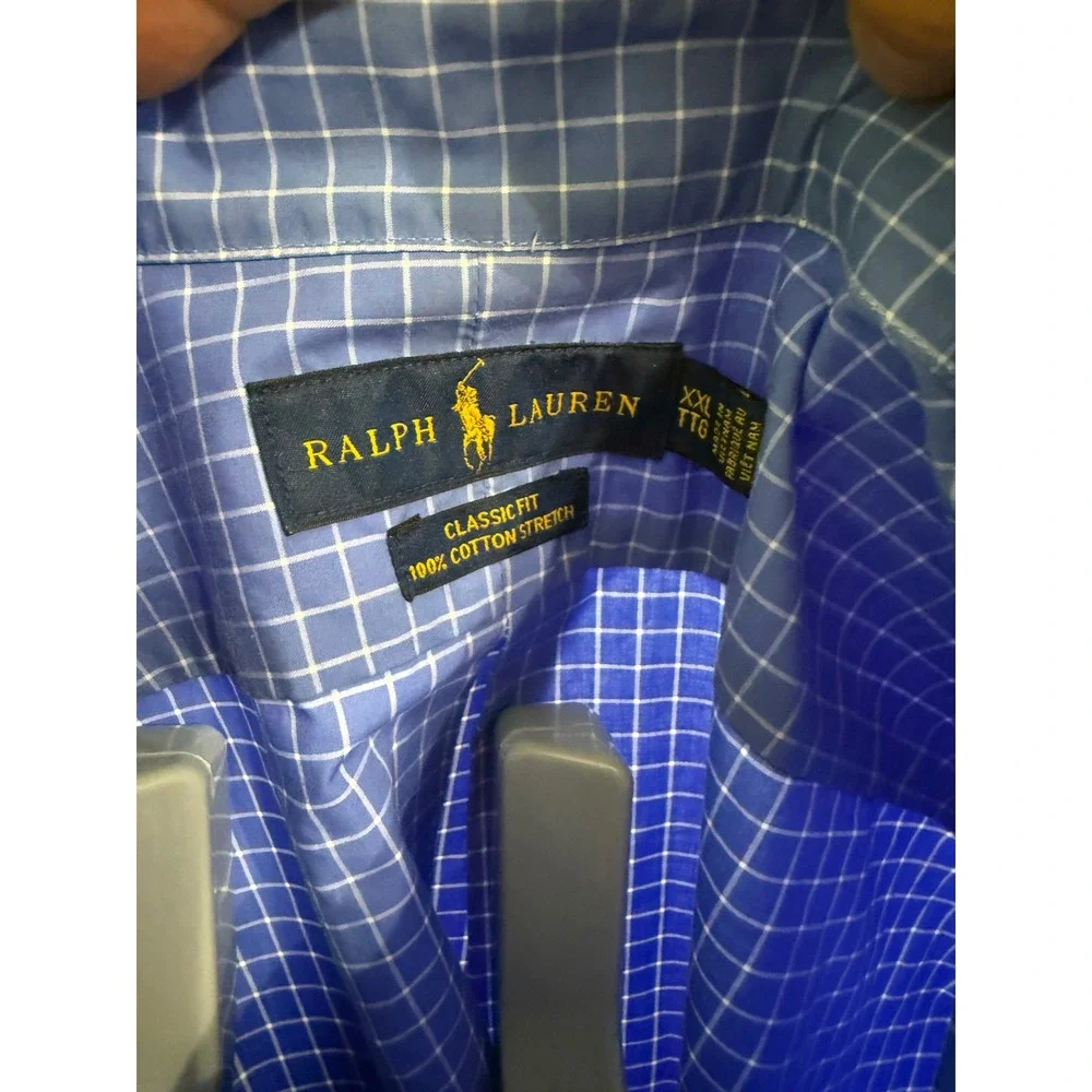 Polo Ralph Lauren Mens XXL Blue White Check Classic Fit Cotton Stretch Shirt
